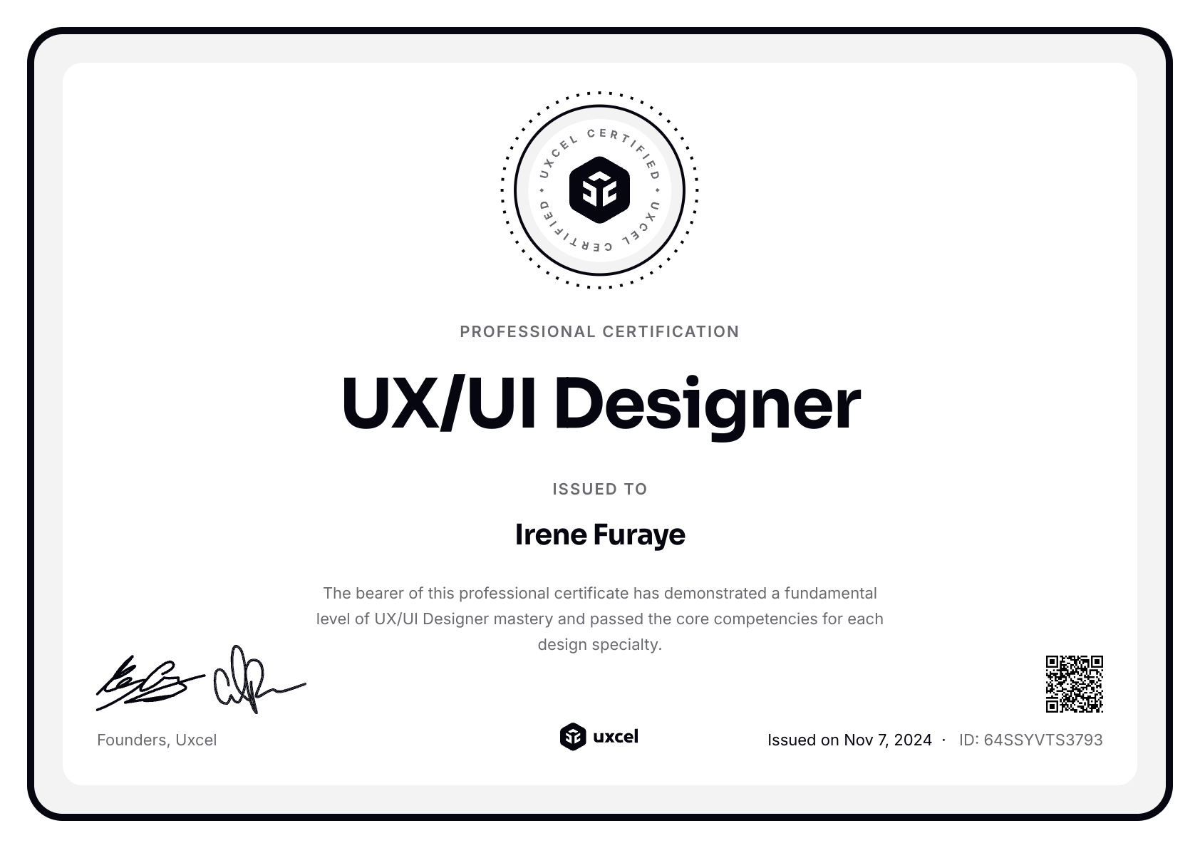 Irene Furaye's certificate